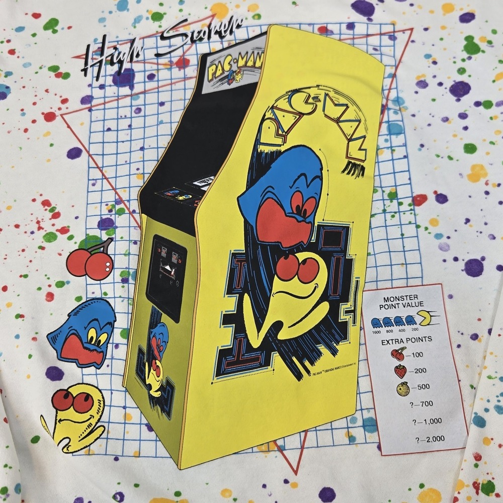 Pacman Arcade Game High‎ Scorer Hoodie Mens  L White Paint Splatters Long Sleeve